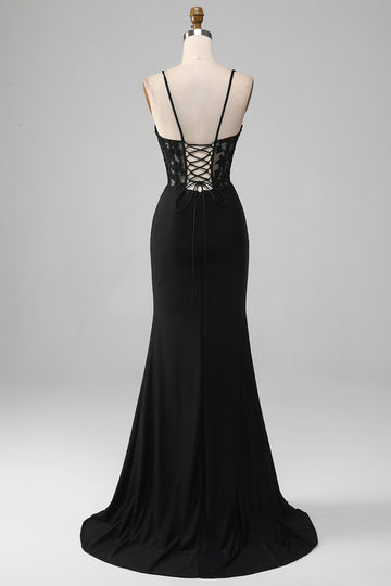 Vestido de fiesta con corsé de tirantes de espagueti de sirena negro con apliques